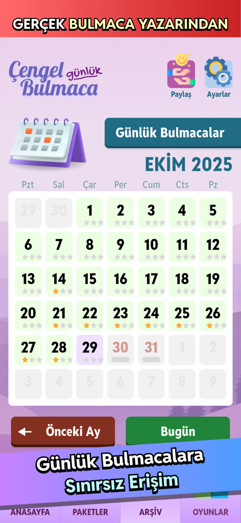 Çengel Bulmaca - Günlük - Interfaccia calendario dell'app di cruciverba turca che mostra la disponibilità giornaliera dei cruciverba per ottobre 2025