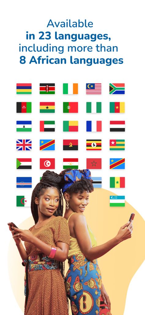 Two women holding smartphones in front of a grid of national flags showcasing Ayoba app language options