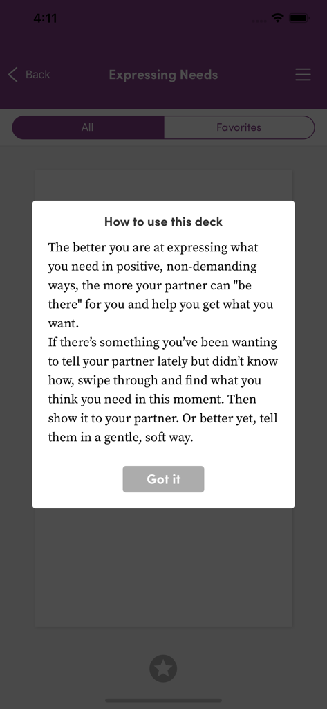 A popup window in the Gottman Card Decks app providing instructions on how to use the Expressing Needs card deck