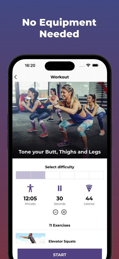 The 30 Day Squat Challenge - A mobile screen for The 30 Day Squat Challenge app showing a workout interface with no equipment needed