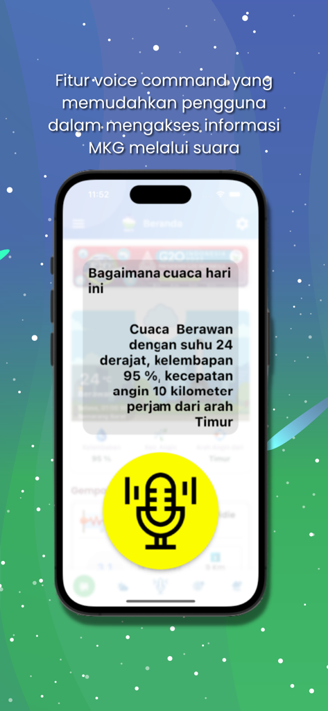 Info BMKG mobile app interface showing the voice command feature for weather updates
