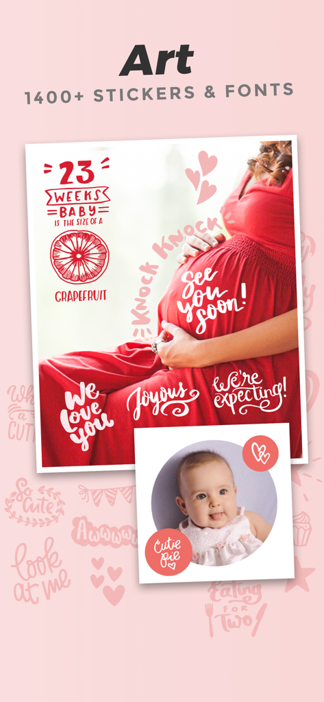Artistic stickers and fonts for baby and pregnancy photo editing.