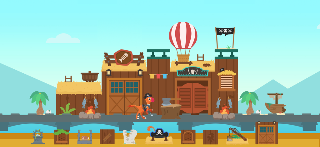 A dinosaur pirate character in a pirate themed city with a hot air balloon and building blocks