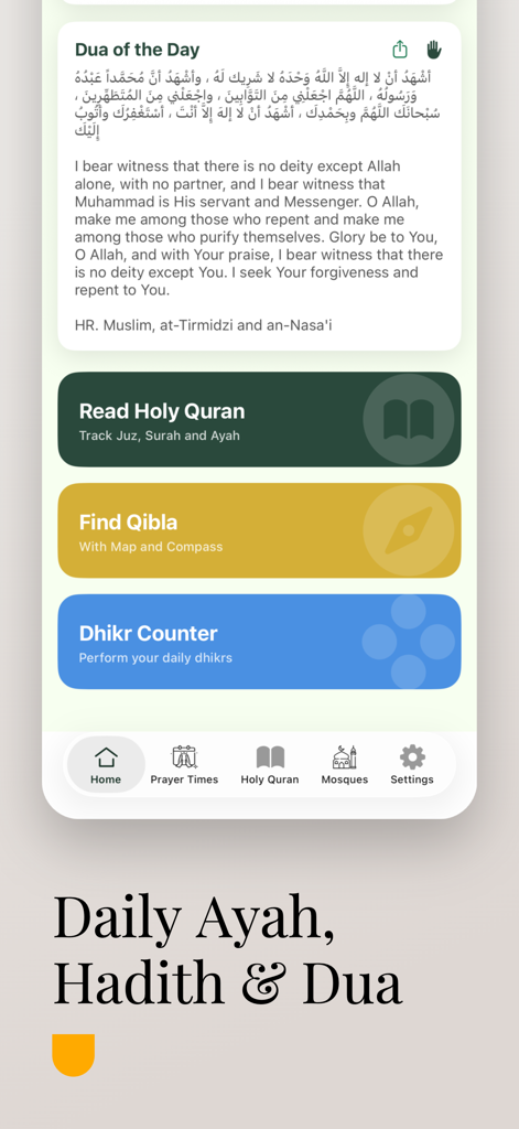 Prayer Times 2026: Ramadan - Die Benutzeroberfläche der Gebetszeiten 2026 App zeigt das Dua des Tages und Verknüpfungen für Koran, Qibla und Dhikr-Zähler