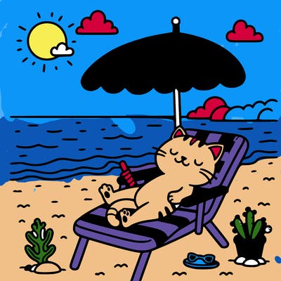 cat relaxing in chair at beach under umbrella sky, hat