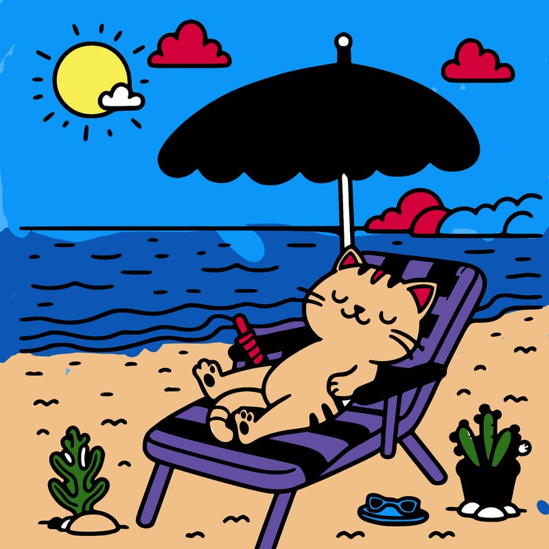 cat relaxing in chair at beach under umbrella sky, hat