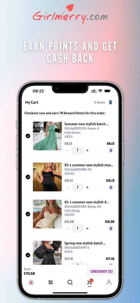 Girlmerry mobile app shopping cart showing wholesale clothing items and reward points