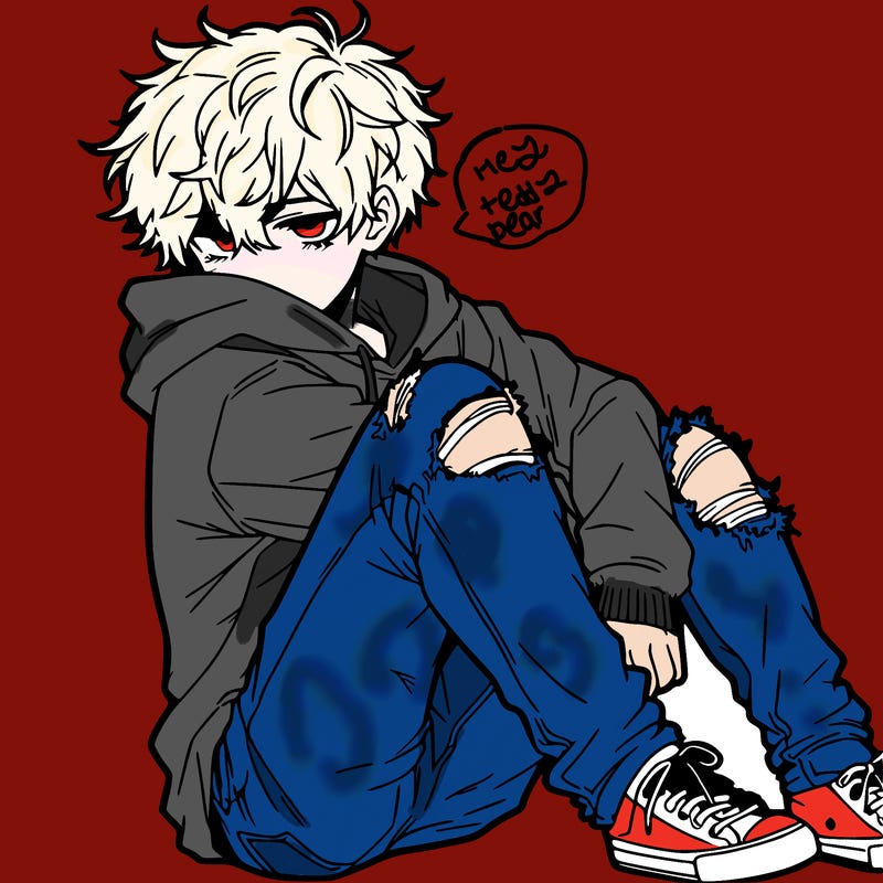 a male hoddie ripped jeans messy hair anime