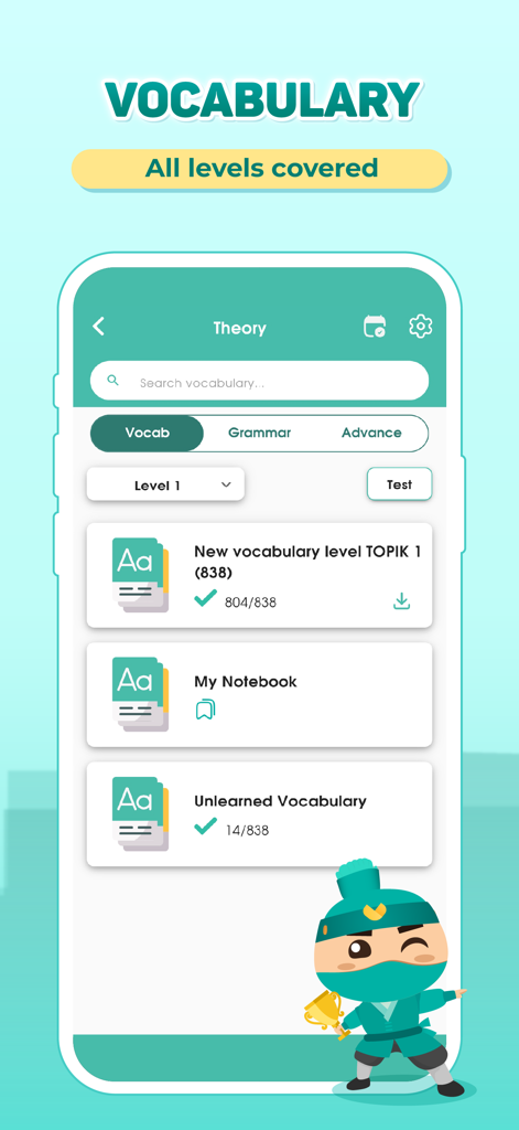 Migii TOPIK 1-6 & EPS TOPIK - Interface of Migii TOPIK app showing Korean vocabulary lists for Level 1 and a ninja mascot holding a trophy.
