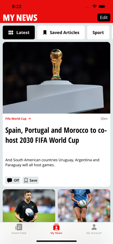 Interfaz de la aplicación Irish Mirror mostrando actualizaciones personalizadas de noticias deportivas