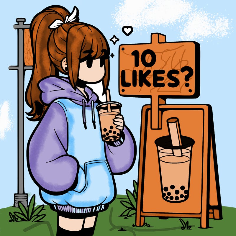 girl with oversized hoodie drinking boba and she has a high ponytail with a sign that says 10likes?