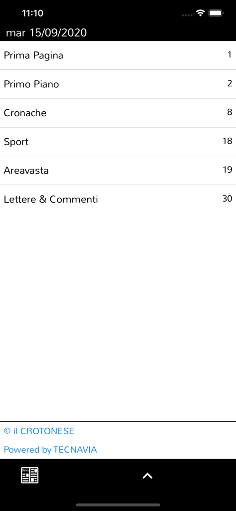 Index screen of the Il Crotonese app showing various news sections like Sport and Cronache