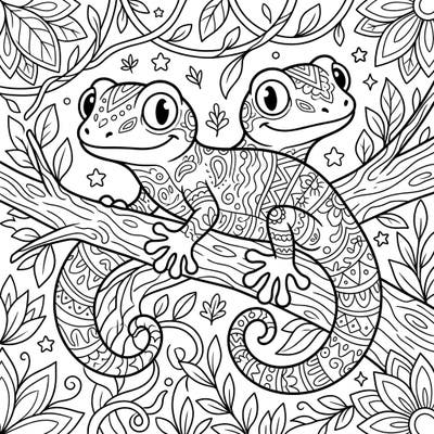 Dive into a world of intricate patterns and friendly creatures with this charming Zentangle Lizards coloring page. Featuring two smiling geckos adorned with beautiful designs, this template offers a delightful artistic challenge for young colorists.