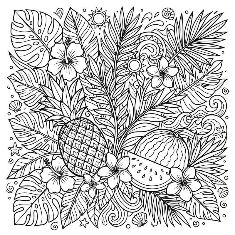Embrace the warmth of the season with this stunning botanical decor coloring page, brimming with tropical leaves, vibrant flowers, and refreshing summer fruits. It's a perfect artistic escape to a sunny paradise.