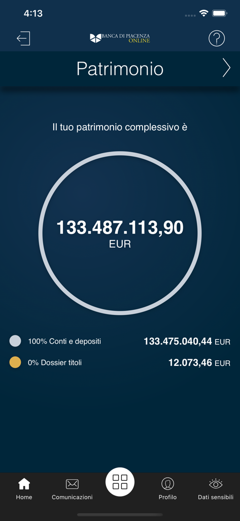 Banca di Piacenza - Schermata del patrimonio dell'app mobile Banca di Piacenza che mostra il saldo totale dei beni e la ripartizione dei conti