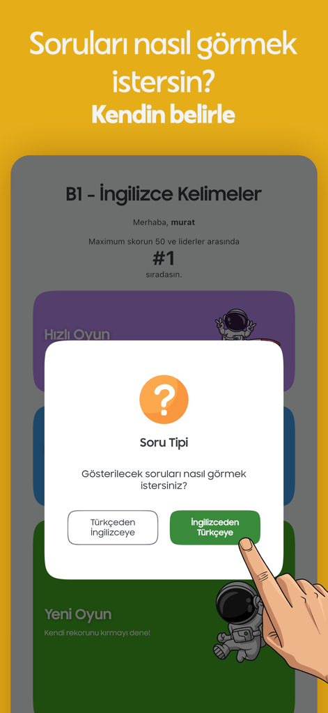 B1 - Ingilizce Kelimeler - B1 Ingilizce Kelimeler uygulama ekraninda Turkceden Ingilizceye veya Ingilizceden Turkceye soru tipi secme ekrani