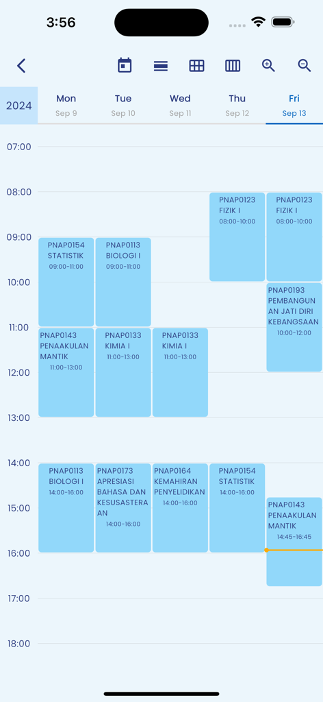 Una interfaz de app móvil que muestra el horario de clases semanal de un estudiante con diferentes cursos y franjas horarias.