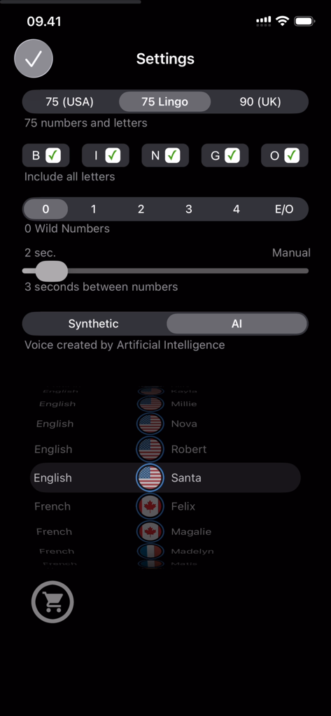 Settings menu of the Bingo Call app showing options for game types, voice selection, and interval timer.
