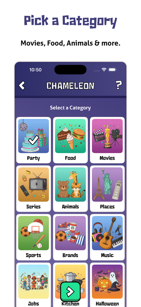 A selection screen in the Chameleon app showing various game categories like Party, Food, and Movies with colorful icons.