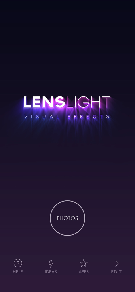 LensLight Visual Effects - LensLight Visual Effects app home screen with a glowing logo and central photos button