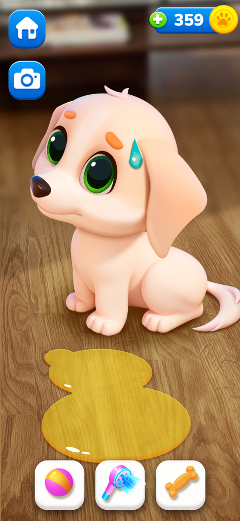 Archie, el perro virtual, luciendo culpable después de haber causado un desorden en el suelo.