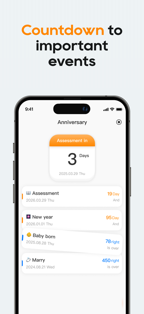 TimePlanner : Tasks & Habits - Schermata di uno smartphone che mostra la funzione conto alla rovescia dell'app TimePlanner per attività imminenti ed eventi di vita personali.