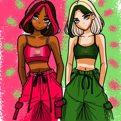 two girls with crop top with baggy pants