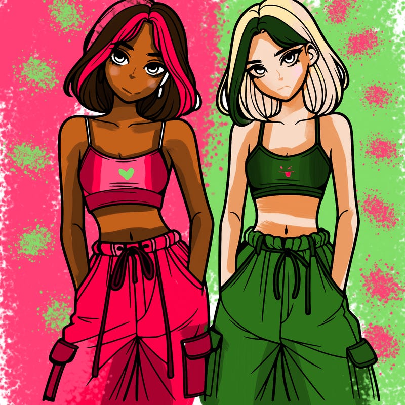 two girls with crop top with baggy pants