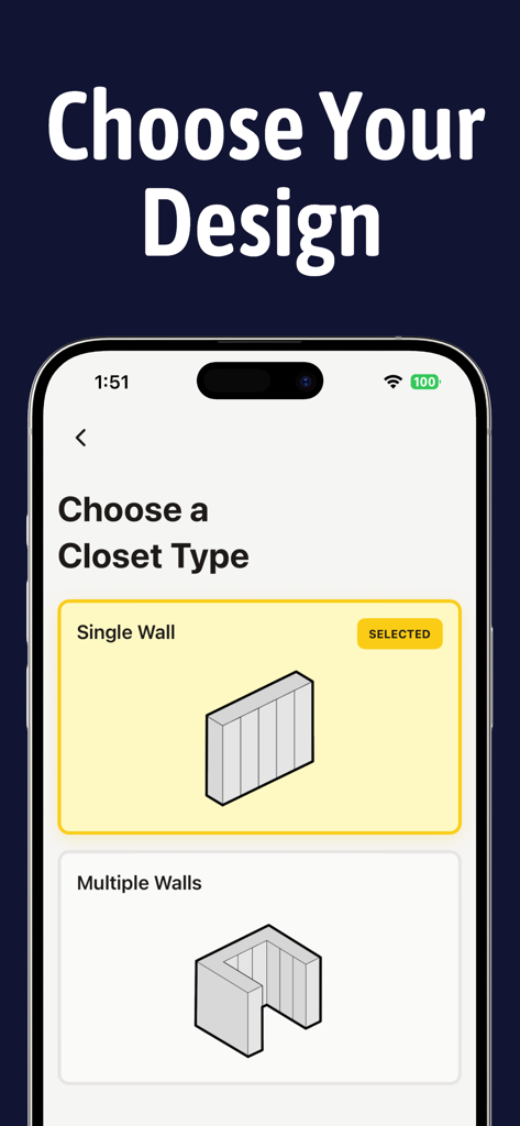 Closet Design App - A mobile app interface for selecting a single wall or multiple wall closet design