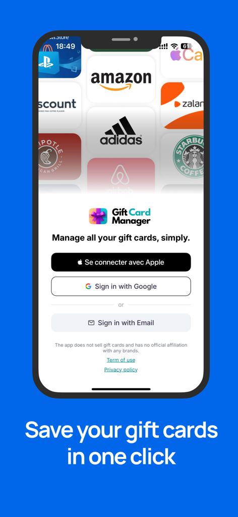 Gift Card Manager - Login screen for Gift Card Manager app displaying sign in options and retail brand logos