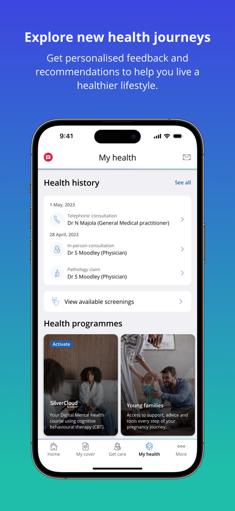 Interface do aplicativo Discovery Health mostrando o registro do histórico de saúde e programas de bem-estar em uma tela de smartphone.