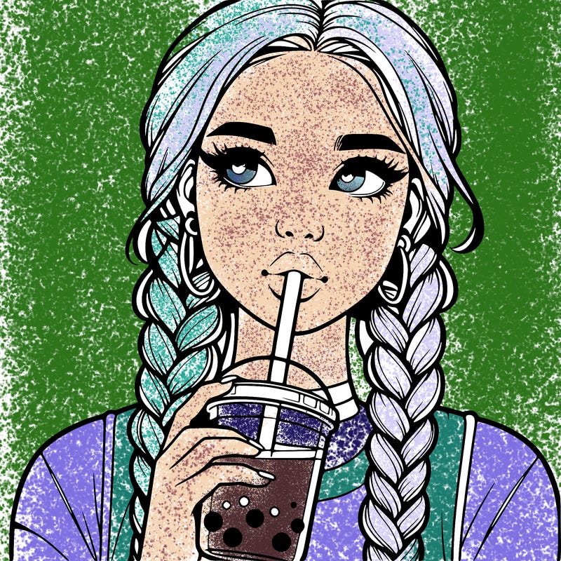 realistic girl with braided hair drinking boba