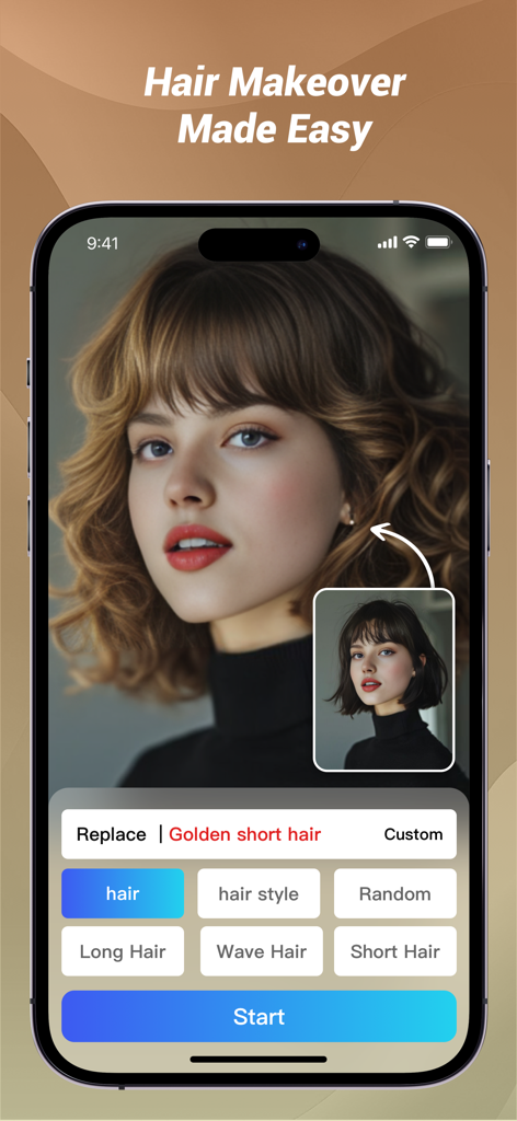 PhotoLeaper:AI Dress up,Video - Interface of PhotoLeaper app showing an AI hair makeover from short dark hair to wavy golden hair