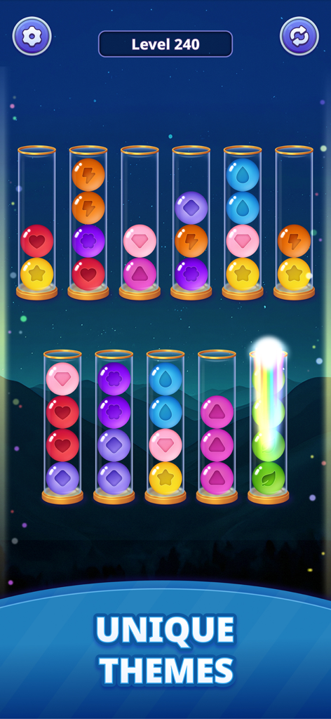 Ball Sort Genius - Puzzle Game - Ball Sort Genius game level with colorful balls in glass tubes and unique themes text