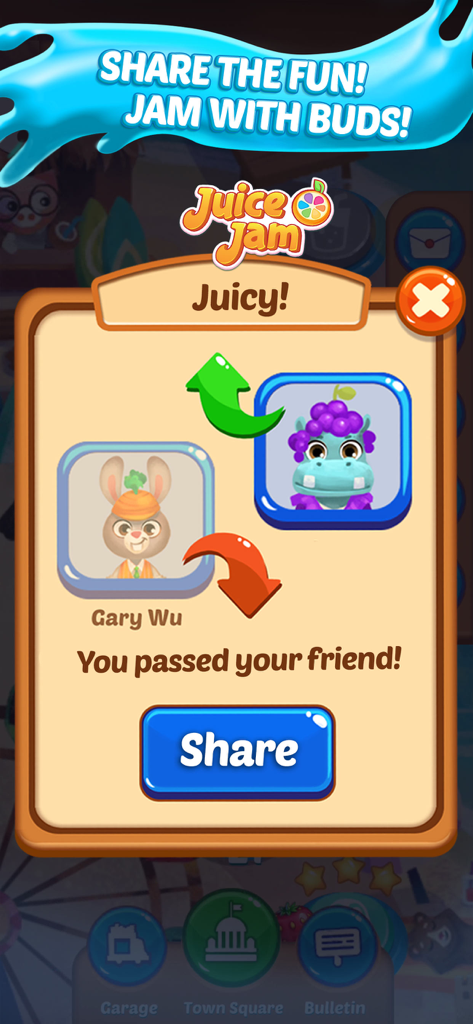 Juice Jam! Match 3 Puzzle Game - Juice Jam game screen showing a social notification that the player passed a friend's level progress with a share button