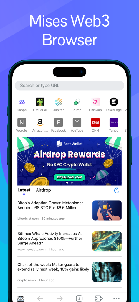 Mises Browser - Interface do Navegador Web3 Mises mostrando dApps cripto integrados e um feed de notícias sobre criptomoedas