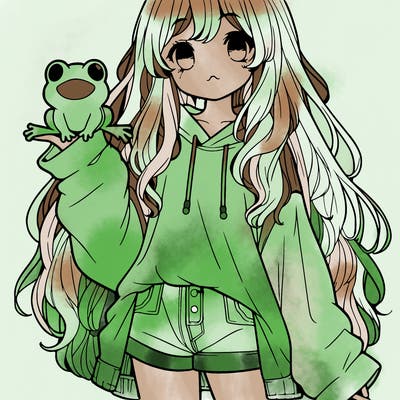 girl with long hair oversized shirt. short shorts and holding a frog. realistic