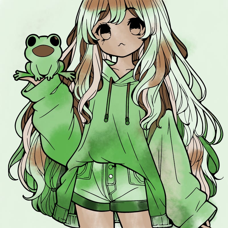 girl with long hair oversized shirt. short shorts and holding a frog. realistic