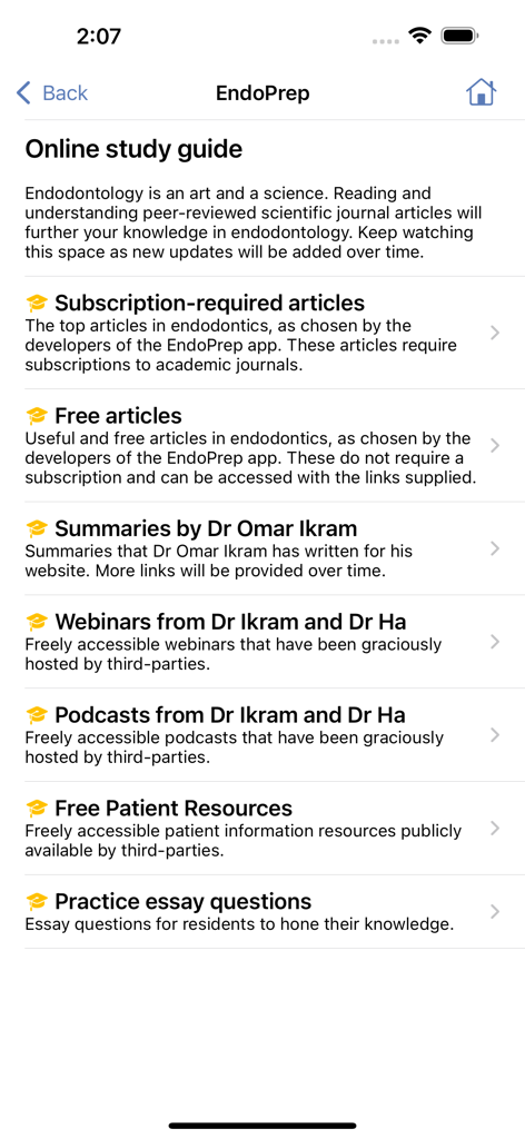 EndoPrep - EndoPrep online study guide screen listing articles webinars and podcasts for endodontics professionals
