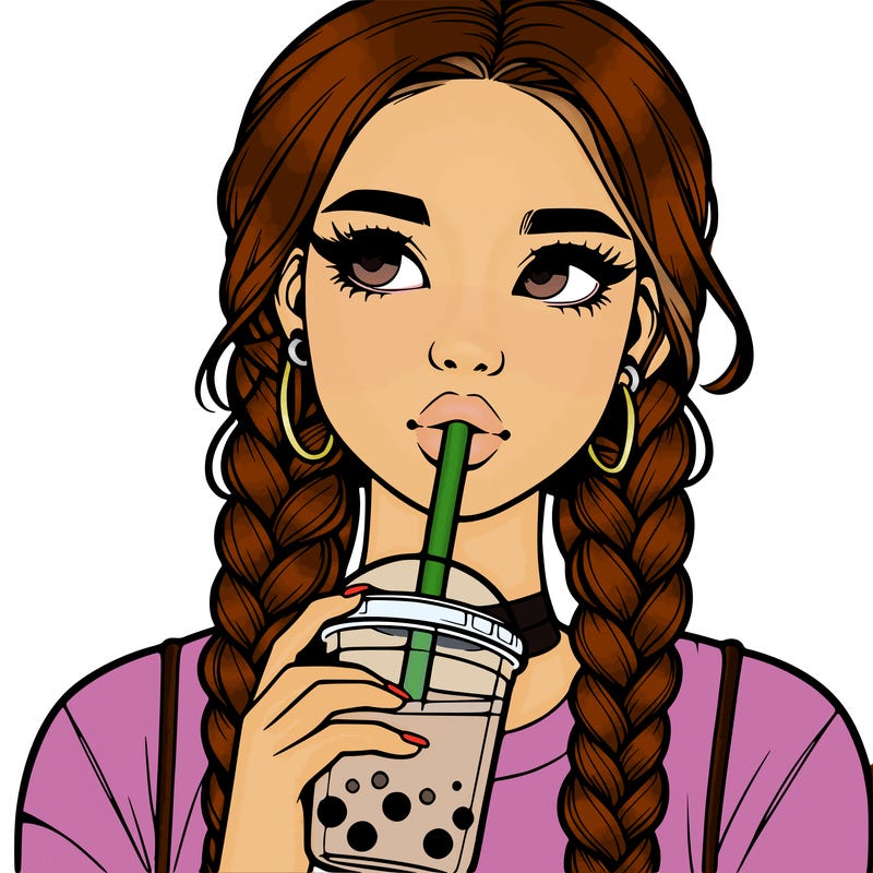 realistic girl with braided hair drinking boba
