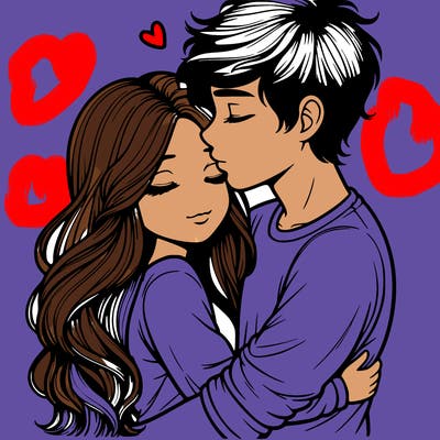a realistic couple boy and girl hugging and kissing
