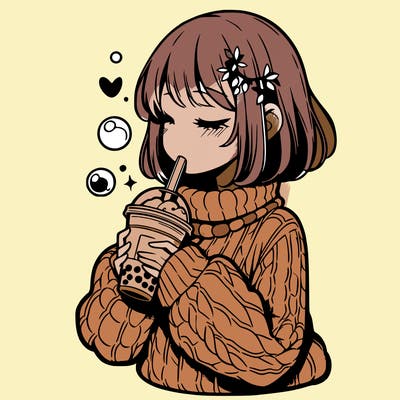manga girl drinking boba in cozy sweater
