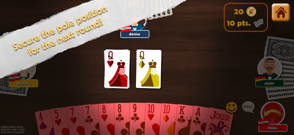 Partida multijugador en línea del juego de cartas Presidente que muestra avatares de jugadores y una mano de cartas en una mesa virtual de madera.