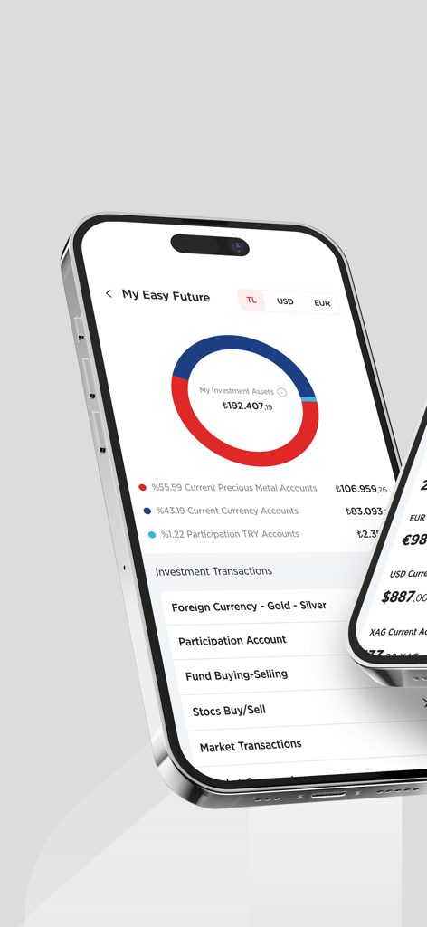 Ziraat Katılım - 投資資産の配分と取引オプションを表示しているZiraat Katilimモバイルアプリのインターフェース