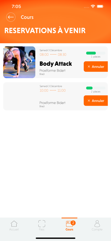 Upcoming gym class reservations in the easyGym Fitness app