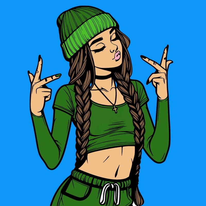 realistic teenage girl with braids and a beanie and crop top doing 🫶🏼