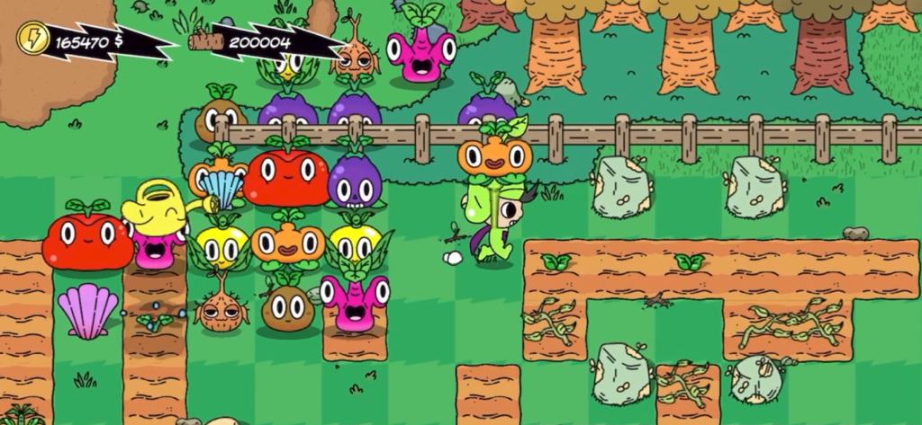 Gameplay screenshot of Super Farming Boy harvesting colorful crops with cartoon faces in a vibrant farm environment.