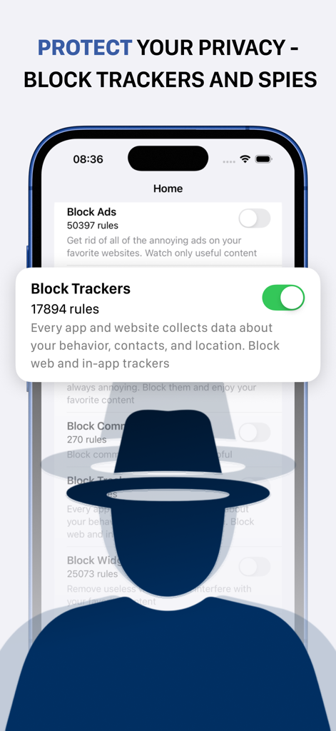 iBlocker: Ad Blocker & Filter - Interface of iBlocker app showing the block trackers feature to protect privacy from spies