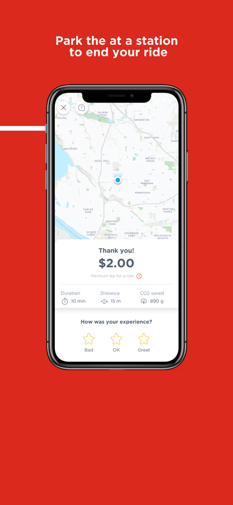 Mobi by Rogers - Écran de fin de trajet de l'application Mobi by Rogers montrant le coût du trajet et les statistiques d'économie de carbone.