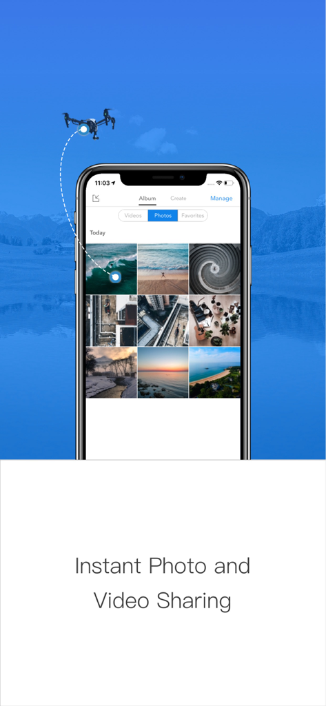 Schermata dell'app DJI GO che visualizza un album di foto aeree scattate con un drone